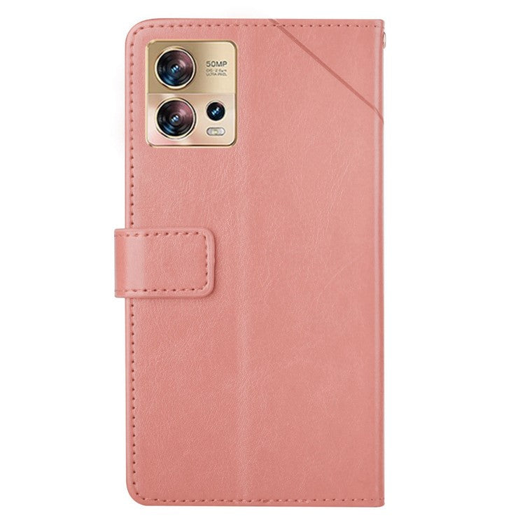 HT01 Phone Case for Motorola Edge 30 Fusion 5G, Imprinted Y-Shaped Lines PU Leather Wallet Phone Stand Cover with Strap - Pink