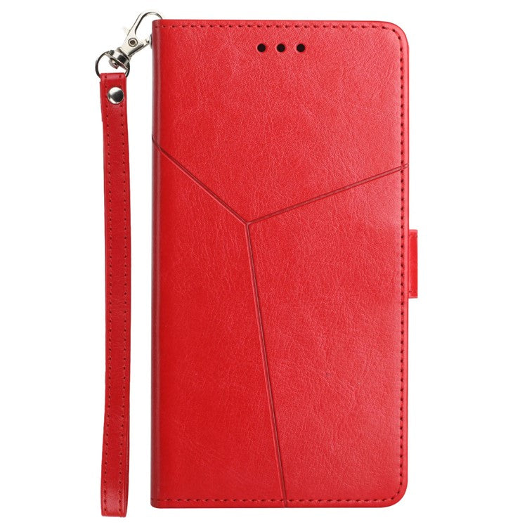 HT01 Phone Case for Motorola Edge 30 Fusion 5G, Imprinted Y-Shaped Lines PU Leather Wallet Phone Stand Cover with Strap - Red