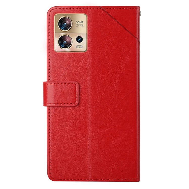 HT01 Phone Case for Motorola Edge 30 Fusion 5G, Imprinted Y-Shaped Lines PU Leather Wallet Phone Stand Cover with Strap - Red