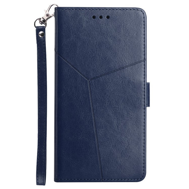HT01 Phone Case for Motorola Edge 30 Fusion 5G, Imprinted Y-Shaped Lines PU Leather Wallet Phone Stand Cover with Strap - Blue