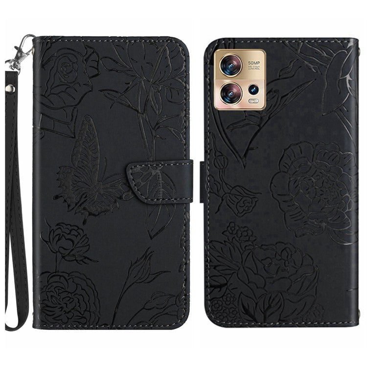 For Motorola Edge 30 Fusion 5G HT03 Skin-touch Stand Wallet Phone Case PU Leather Magnetic Closure Butterfly Flowers Imprinted   Cover with Strap - Black