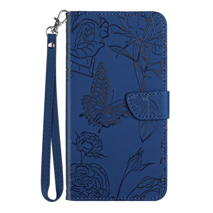 For Motorola Edge 30 Fusion 5G HT03 Skin-touch Stand Wallet Phone Case PU Leather Magnetic Closure Butterfly Flowers Imprinted   Cover with Strap - Blue