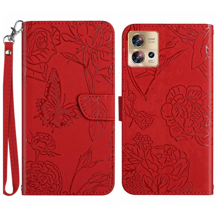 For Motorola Edge 30 Fusion 5G HT03 Skin-touch Stand Wallet Phone Case PU Leather Magnetic Closure Butterfly Flowers Imprinted   Cover with Strap - Red