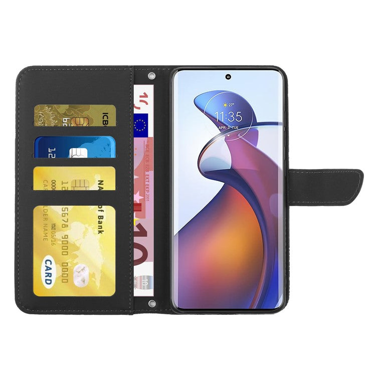 For Motorola Edge 30 Fusion 5G HT03 Imprinted Butterfly Flowers PU Leather Phone Cover Skin-Touch Stand Flip Wallet Case with Shoulder Strap - Black