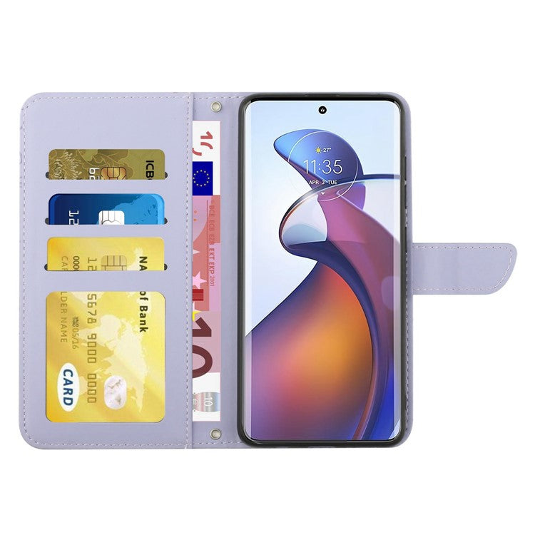 For Motorola Edge 30 Fusion 5G HT03 Imprinted Butterfly Flowers PU Leather Phone Cover Skin-Touch Stand Flip Wallet Case with Shoulder Strap - Light Purple