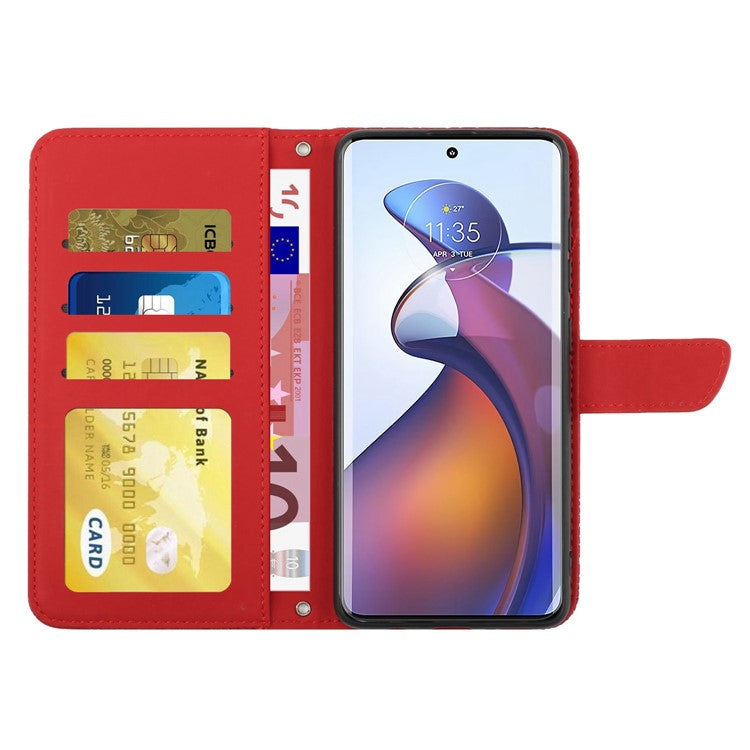 For Motorola Edge 30 Fusion 5G HT03 Imprinted Butterfly Flowers PU Leather Phone Cover Skin-Touch Stand Flip Wallet Case with Shoulder Strap - Red