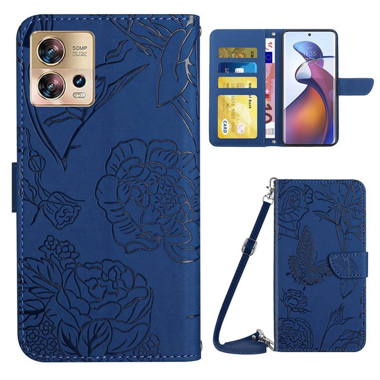 For Motorola Edge 30 Fusion 5G HT03 Imprinted Butterfly Flowers PU Leather Phone Cover Skin-Touch Stand Flip Wallet Case with Shoulder Strap - Blue