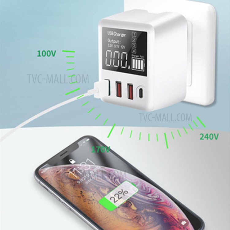 A9T+ USB+Type C 4-Port 40W Quick Charge Wall Adapter PD QC 3.0 Fast Charger with LCD Display - AU Plug