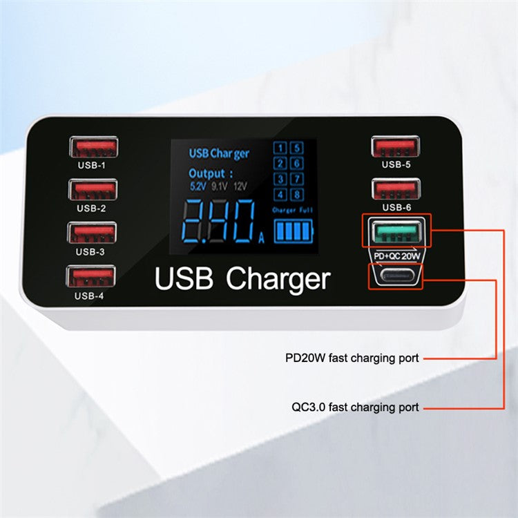 A9+ 8-Port USB+Type C 40W Quick Charge Adapter with LCD Display QC 3.0 Wall Charger - UK Plug