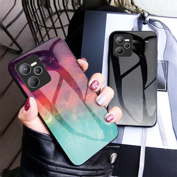 Starry Sky Tempered Glass Phone Cover for Realme C35, Fingerprint-Free Air Bag Protection Hybrid Case - Purple Sky