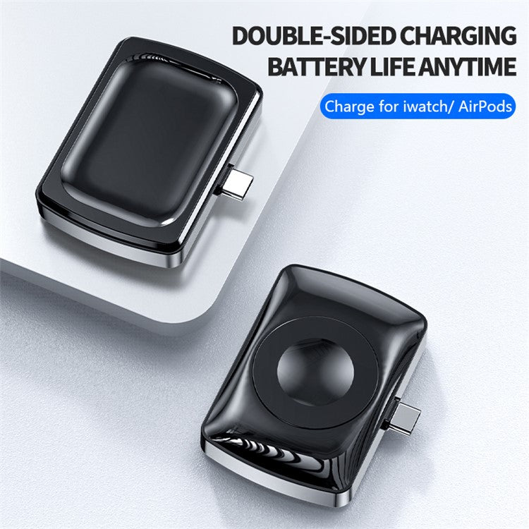 JJT-997 2 in 1 Watch Wireless Charger Type-C Double-sided Wireless Charging Dock for Apple Watch 1-7/SE Series/AirPods 2/3/Pro - Black