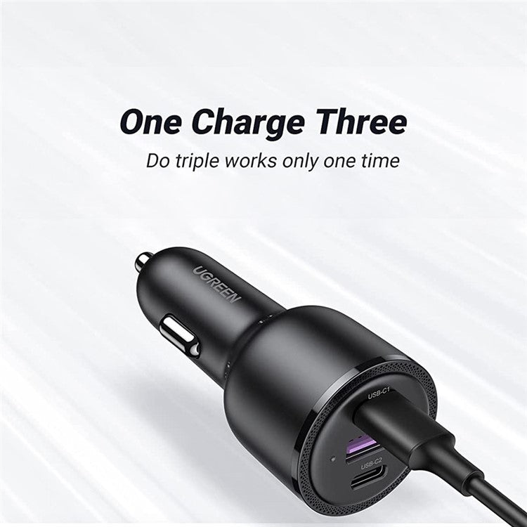 UGREEN For iPhone 13 Pro Max iPad Pro 69W QC3.0 Quick Charger USB + 2x Type-C 3-port Car Cigarette Lighter Adapter