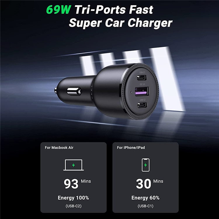 UGREEN For iPhone 13 Pro Max iPad Pro 69W QC3.0 Quick Charger USB + 2x Type-C 3-port Car Cigarette Lighter Adapter