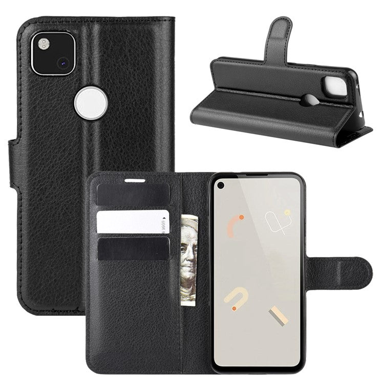 Litchi Skin PU Leather Wallet Stand Cell Phone Cover for Google Pixel 4a with Magnetic Clasp Closure - Black