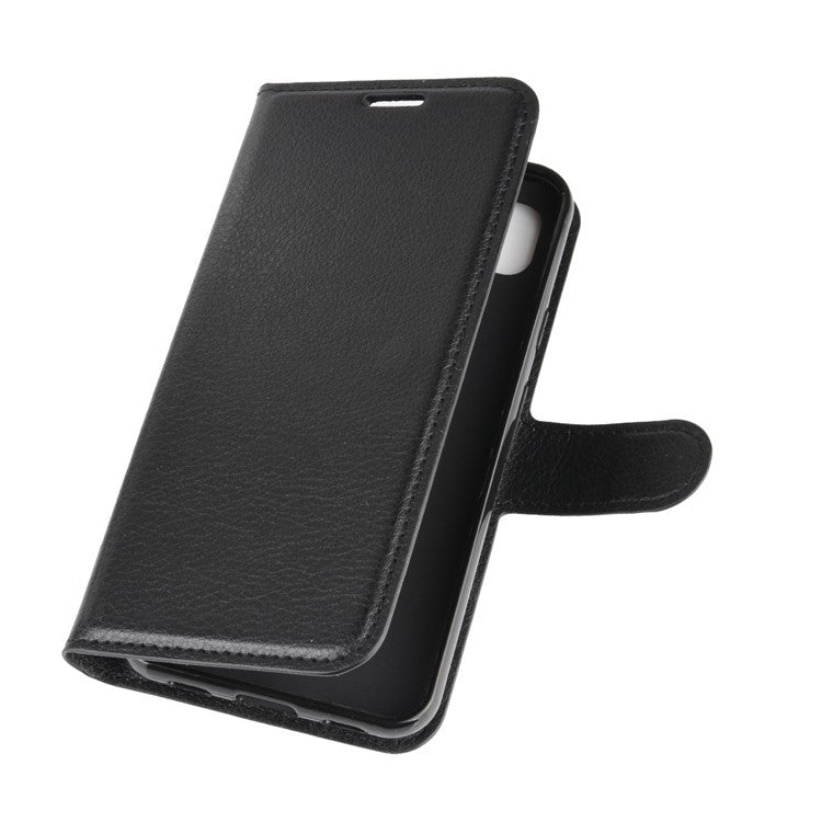 Litchi Skin PU Leather Wallet Stand Cell Phone Cover for Google Pixel 4a with Magnetic Clasp Closure - Black