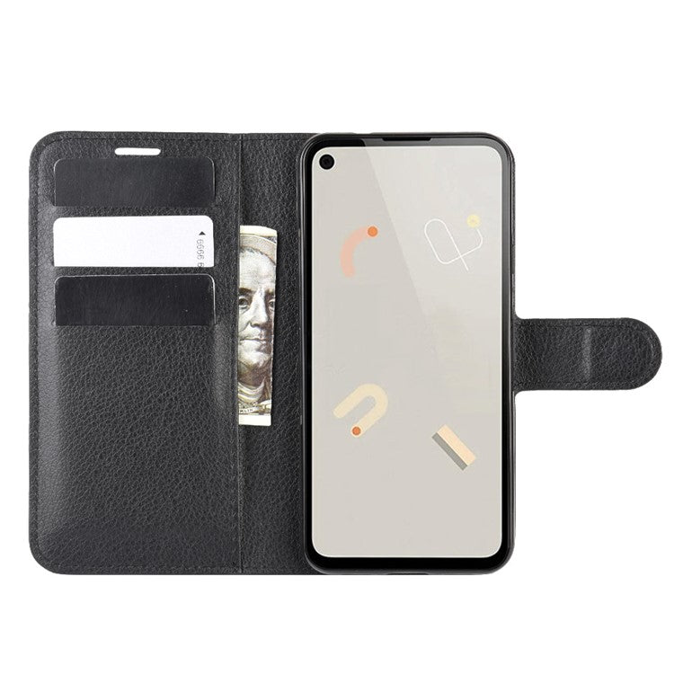 Litchi Skin PU Leather Wallet Stand Cell Phone Cover for Google Pixel 4a with Magnetic Clasp Closure - Black