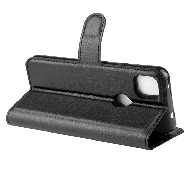 Litchi Skin PU Leather Wallet Stand Cell Phone Cover for Google Pixel 4a with Magnetic Clasp Closure - Black