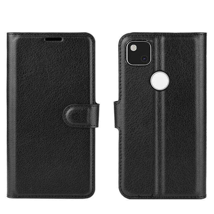 Litchi Skin PU Leather Wallet Stand Cell Phone Cover for Google Pixel 4a with Magnetic Clasp Closure - Black