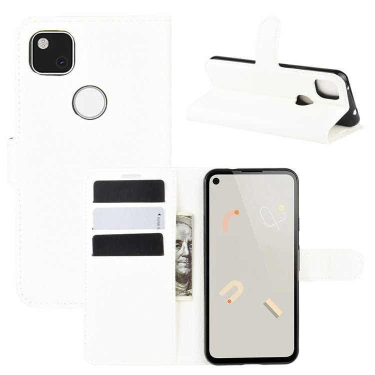 Litchi Skin PU Leather Wallet Stand Cell Phone Cover for Google Pixel 4a with Magnetic Clasp Closure - White