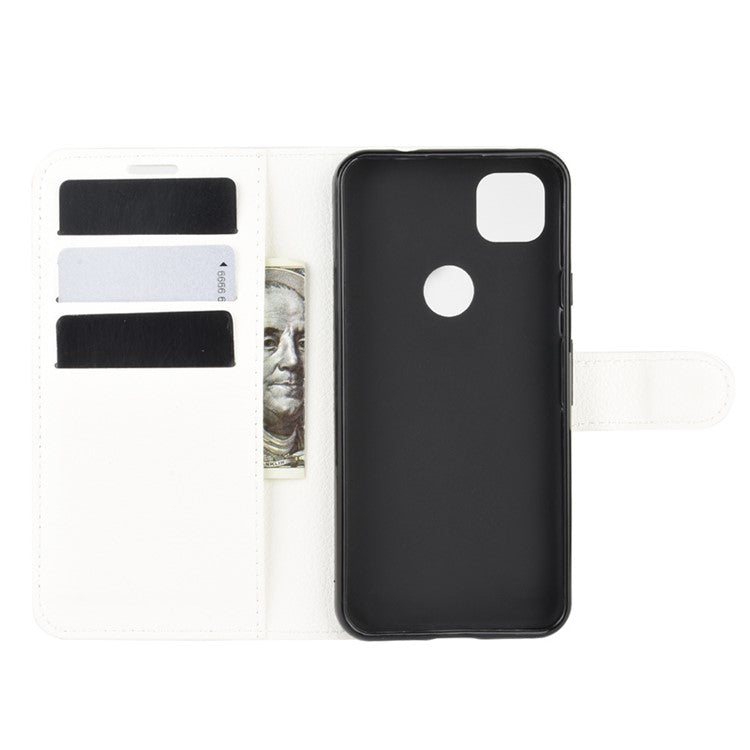 Litchi Skin PU Leather Wallet Stand Cell Phone Cover for Google Pixel 4a with Magnetic Clasp Closure - White