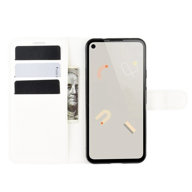 Litchi Skin PU Leather Wallet Stand Cell Phone Cover for Google Pixel 4a with Magnetic Clasp Closure - White