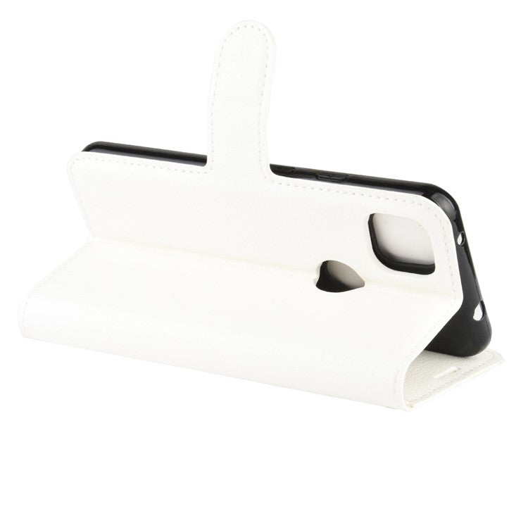 Litchi Skin PU Leather Wallet Stand Cell Phone Cover for Google Pixel 4a with Magnetic Clasp Closure - White