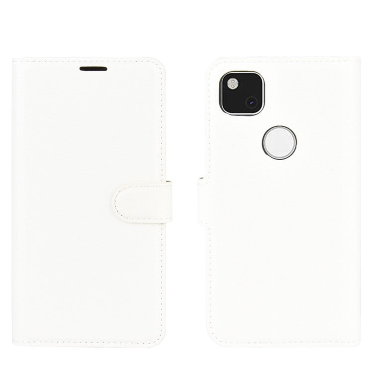Litchi Skin PU Leather Wallet Stand Cell Phone Cover for Google Pixel 4a with Magnetic Clasp Closure - White