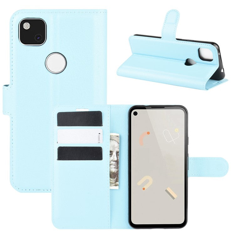 Litchi Skin PU Leather Wallet Stand Cell Phone Cover for Google Pixel 4a with Magnetic Clasp Closure - Baby Blue