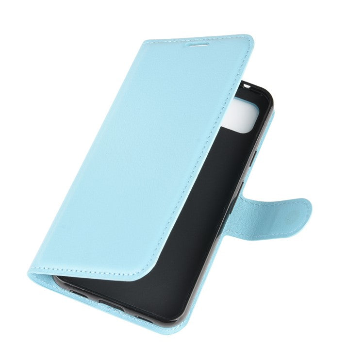 Litchi Skin PU Leather Wallet Stand Cell Phone Cover for Google Pixel 4a with Magnetic Clasp Closure - Baby Blue