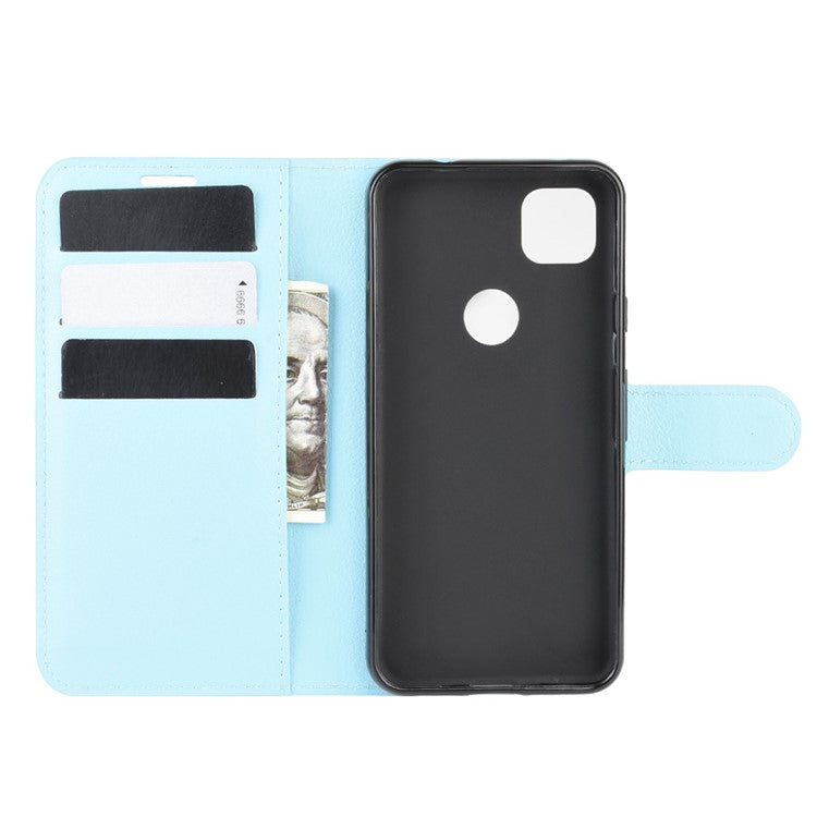 Litchi Skin PU Leather Wallet Stand Cell Phone Cover for Google Pixel 4a with Magnetic Clasp Closure - Baby Blue