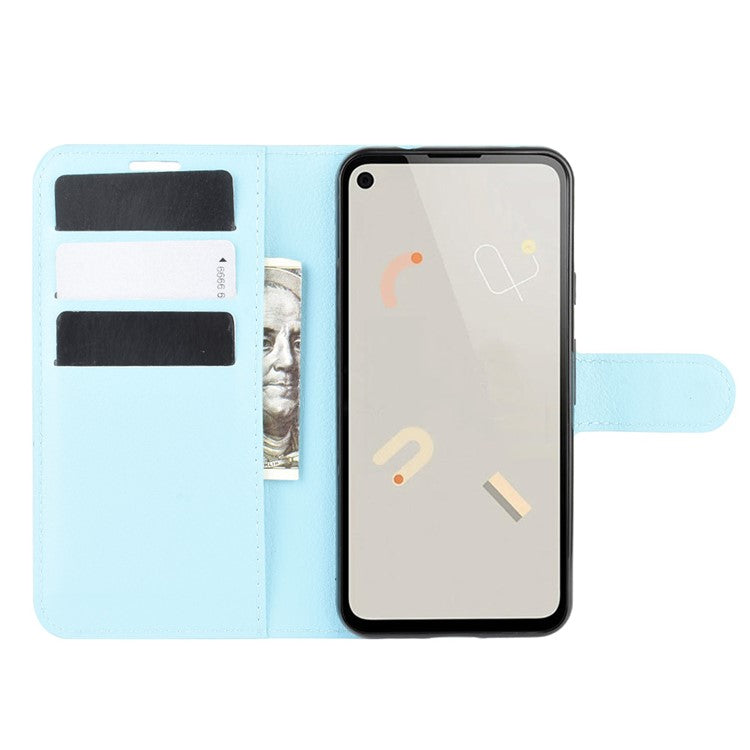 Litchi Skin PU Leather Wallet Stand Cell Phone Cover for Google Pixel 4a with Magnetic Clasp Closure - Baby Blue