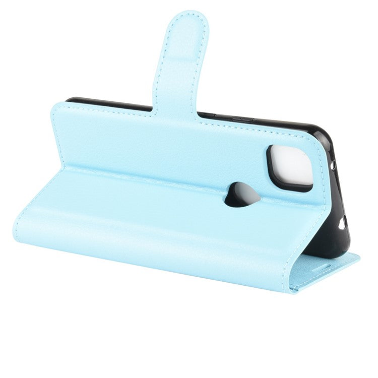 Litchi Skin PU Leather Wallet Stand Cell Phone Cover for Google Pixel 4a with Magnetic Clasp Closure - Baby Blue