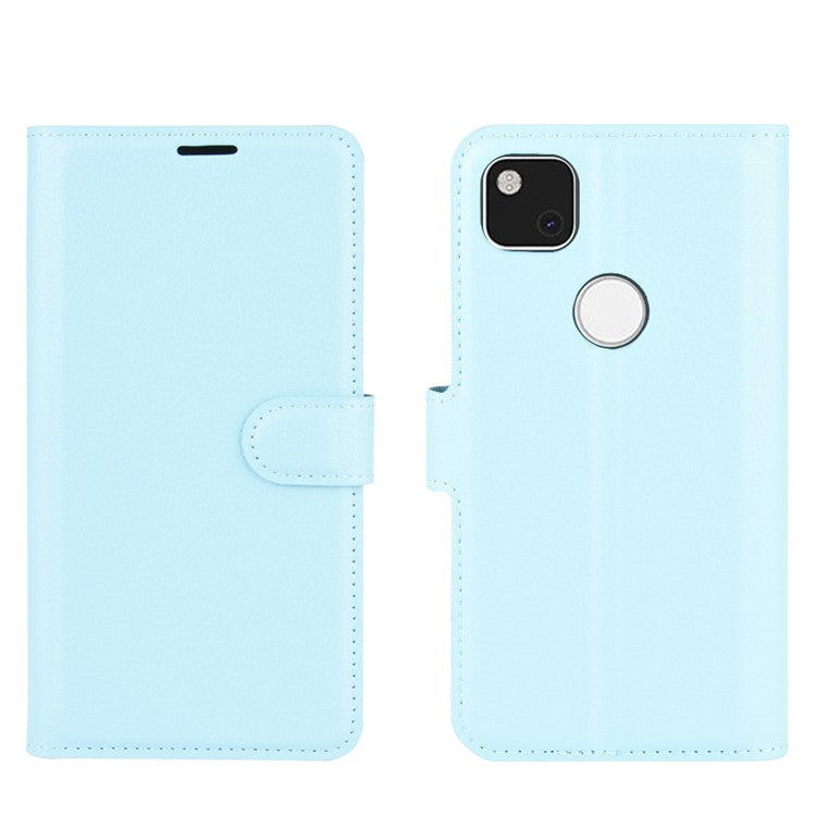 Litchi Skin PU Leather Wallet Stand Cell Phone Cover for Google Pixel 4a with Magnetic Clasp Closure - Baby Blue