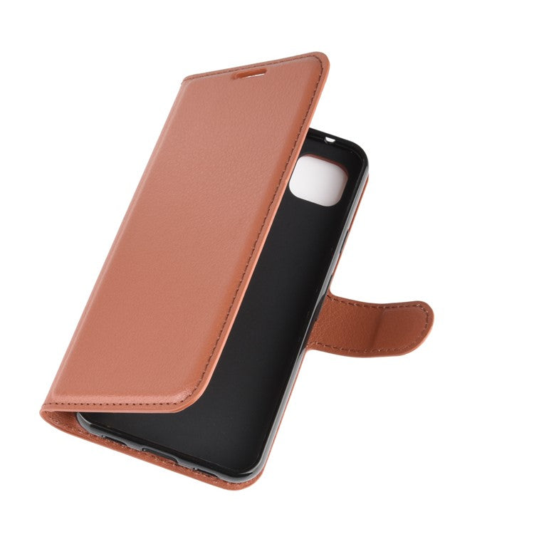 Litchi Skin PU Leather Wallet Stand Cell Phone Cover for Google Pixel 4a with Magnetic Clasp Closure - Brown