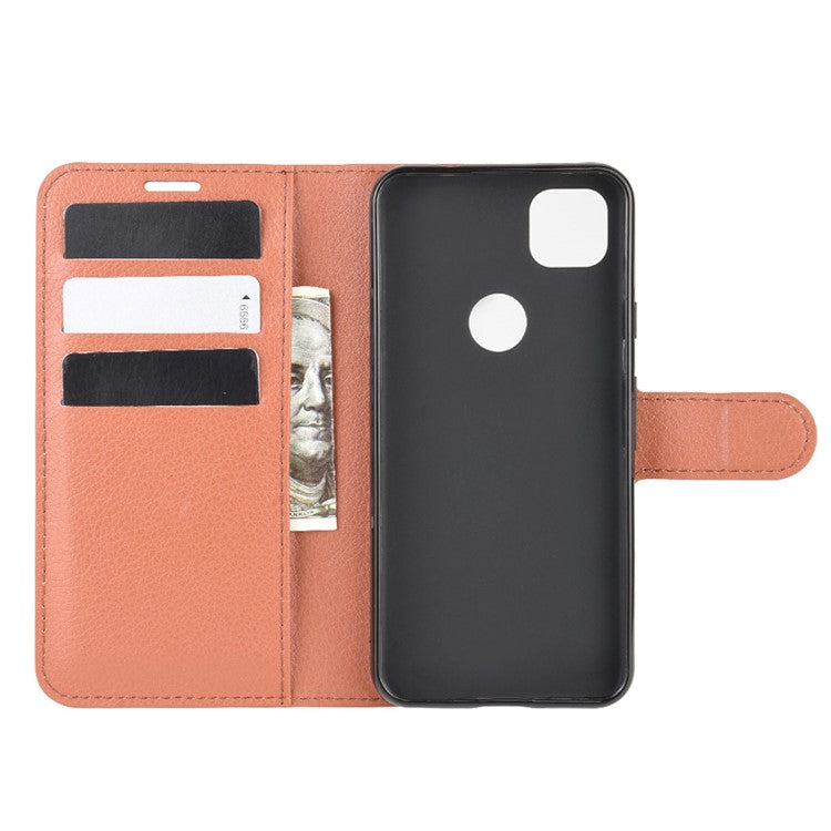Litchi Skin PU Leather Wallet Stand Cell Phone Cover for Google Pixel 4a with Magnetic Clasp Closure - Brown