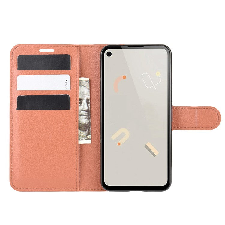 Litchi Skin PU Leather Wallet Stand Cell Phone Cover for Google Pixel 4a with Magnetic Clasp Closure - Brown