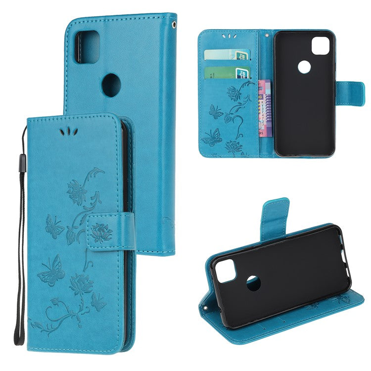 Imprint Butterfly Flower PU Leather Case with Strap for Google Pixel 4a - Blue