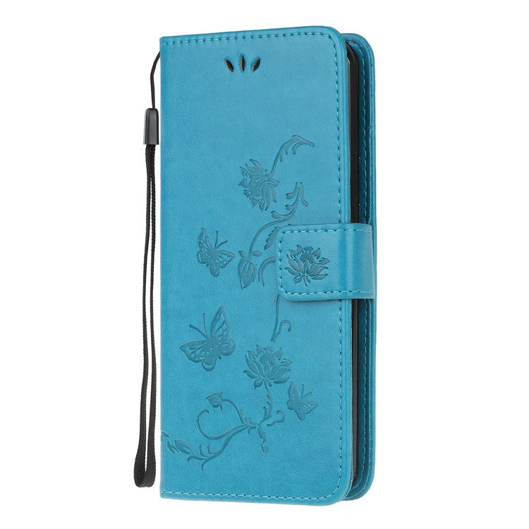 Imprint Butterfly Flower PU Leather Case with Strap for Google Pixel 4a - Blue