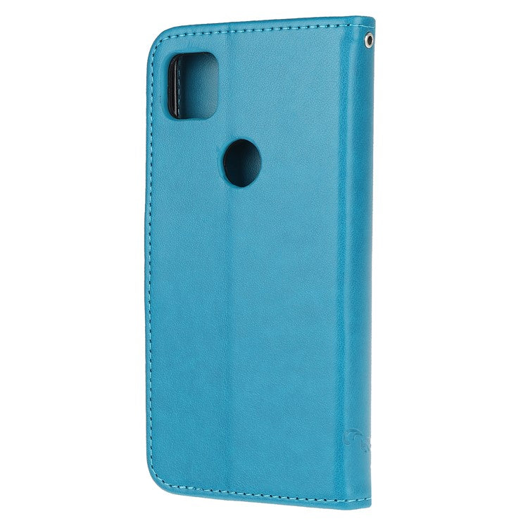 Imprint Butterfly Flower PU Leather Case with Strap for Google Pixel 4a - Blue
