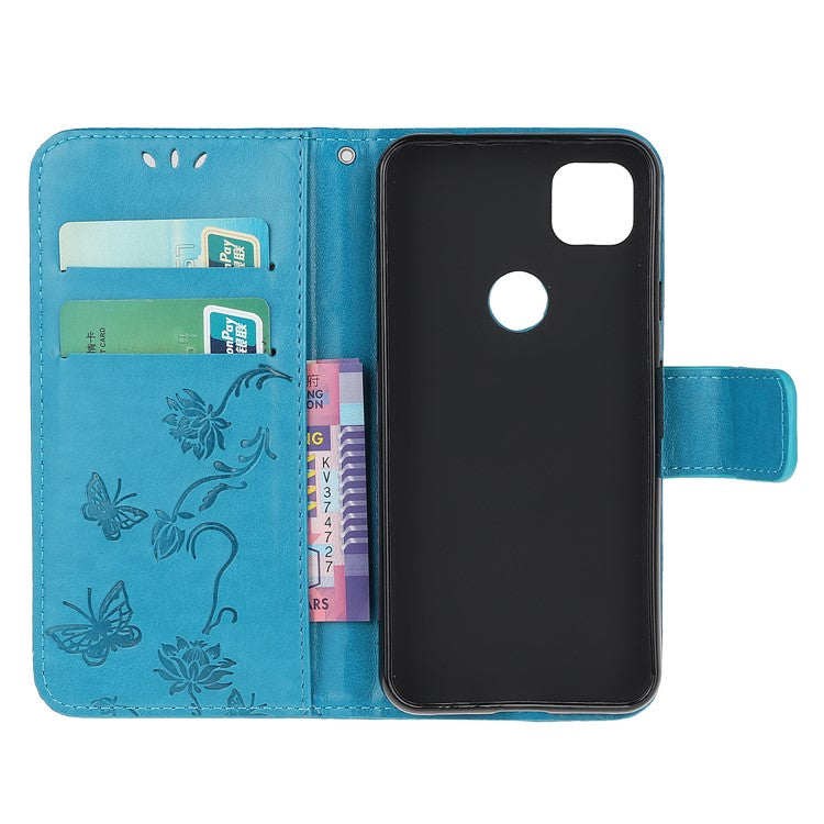 Imprint Butterfly Flower PU Leather Case with Strap for Google Pixel 4a - Blue