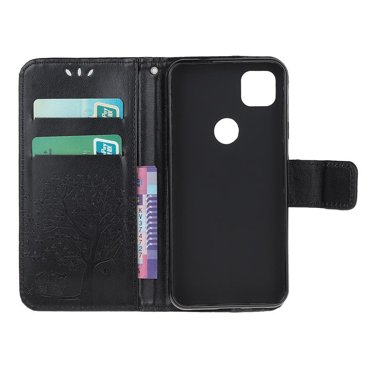 Imprint Tree and Owl Pattern Leather Wallet Case for Google Pixel 4a - Black