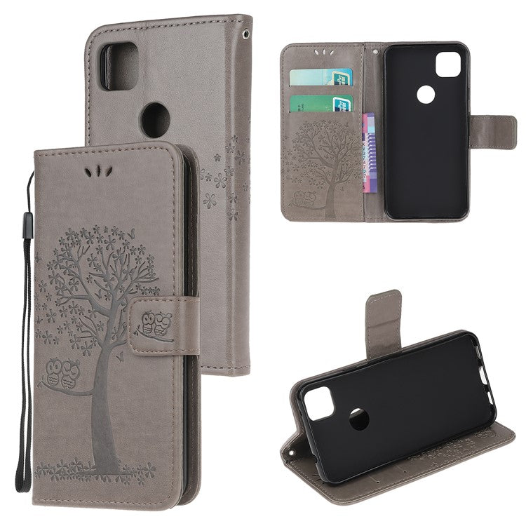 Imprint Tree and Owl Pattern Leather Wallet Case for Google Pixel 4a - Grey