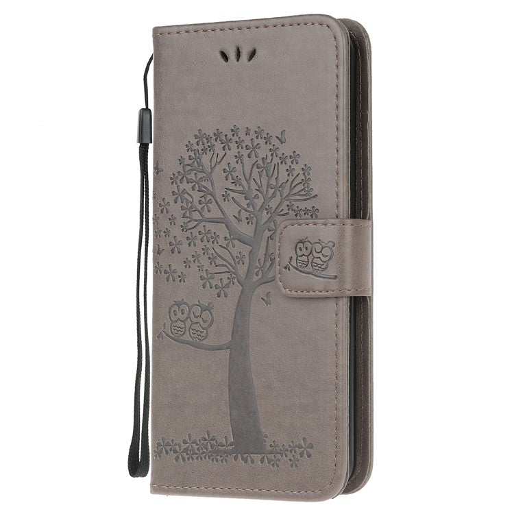 Imprint Tree and Owl Pattern Leather Wallet Case for Google Pixel 4a - Grey