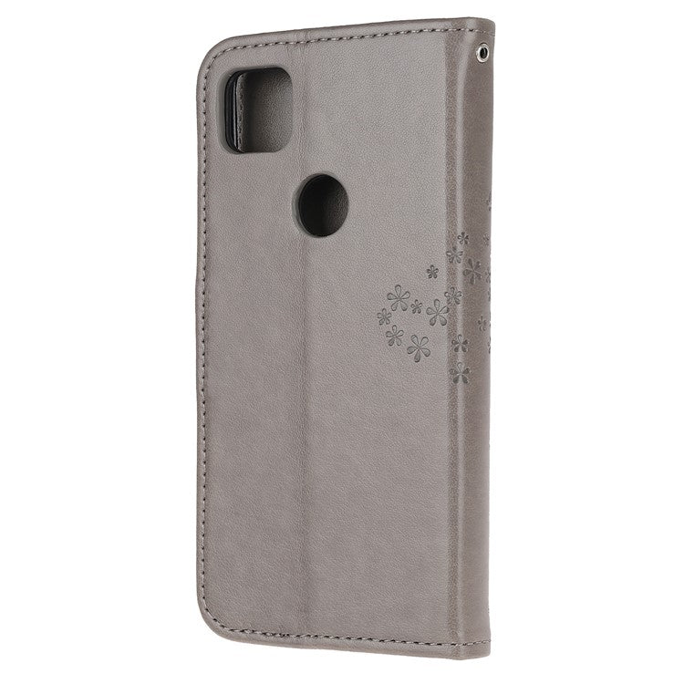 Imprint Tree and Owl Pattern Leather Wallet Case for Google Pixel 4a - Grey