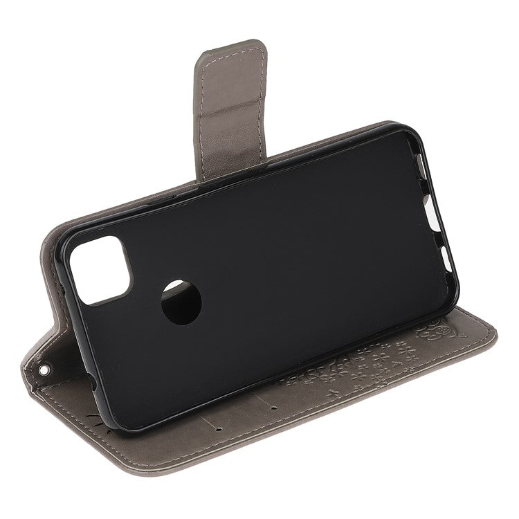 Imprint Tree and Owl Pattern Leather Wallet Case for Google Pixel 4a - Grey