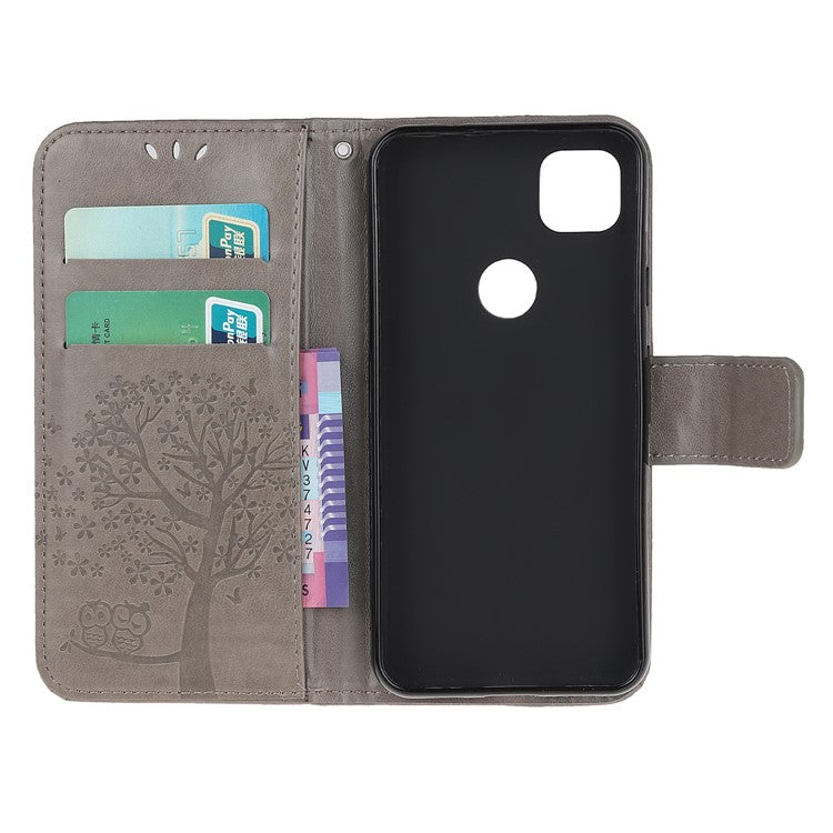 Imprint Tree and Owl Pattern Leather Wallet Case for Google Pixel 4a - Grey