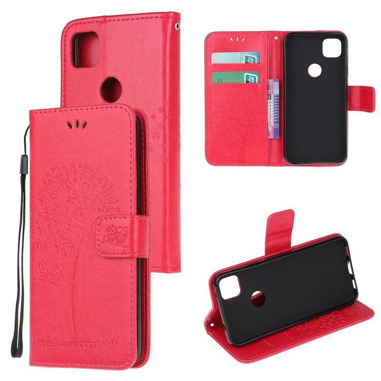 Imprint Tree and Owl Pattern Leather Wallet Case for Google Pixel 4a - Red