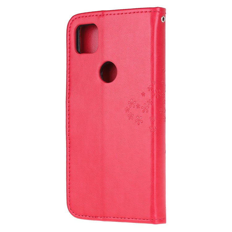 Imprint Tree and Owl Pattern Leather Wallet Case for Google Pixel 4a - Red