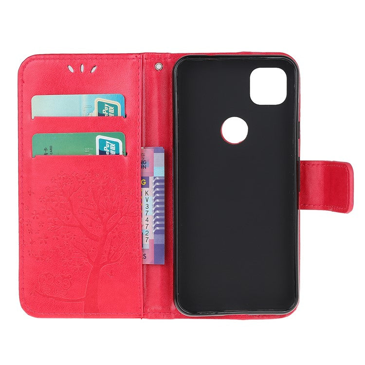 Imprint Tree and Owl Pattern Leather Wallet Case for Google Pixel 4a - Red