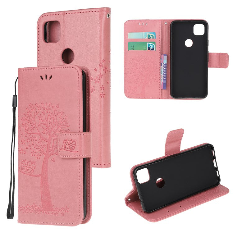 Imprint Tree and Owl Pattern Leather Wallet Case for Google Pixel 4a - Pink